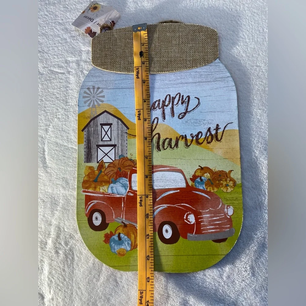 NWT Autumn Fall Mason Jar Happy Harvest Red Truck Pumpkin Farm Wall Door Sign